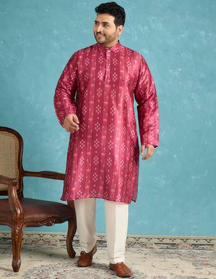 Men’s purple silk blend printed kurta with trouser set – stylish ethnic wear for wedding & festive occasions 5