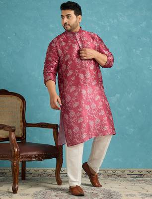 Men’s maroon silk blend printed kurta with trouser set – stylish ethnic wear for wedding & festive occasions 3