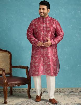 Men’s maroon silk blend printed kurta with trouser set – stylish ethnic wear for wedding & festive occasions 5