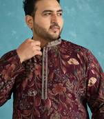 Men’s purple silk blend printed kurta with trouser set – stylish ethnic wear for wedding & festive occasions