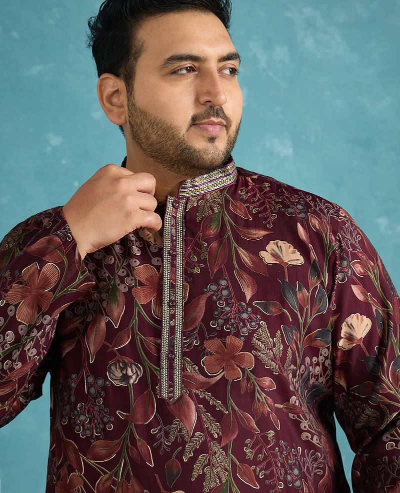 Men’s purple silk blend printed kurta with trouser set – stylish ethnic wear for wedding & festive occasions