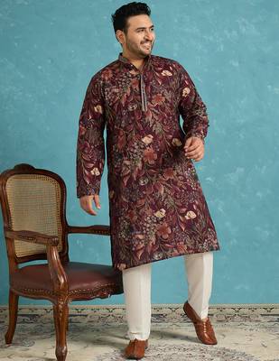 Men’s purple silk blend printed kurta with trouser set – stylish ethnic wear for wedding & festive occasions 2
