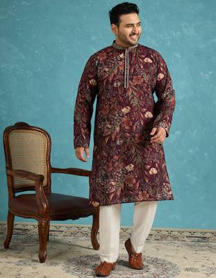 Men’s purple silk blend printed kurta with trouser set – stylish ethnic wear for wedding & festive occasions 3