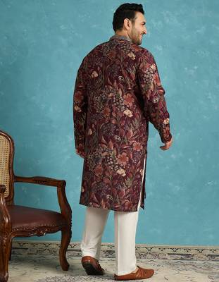 Men’s purple silk blend printed kurta with trouser set – stylish ethnic wear for wedding & festive occasions 4