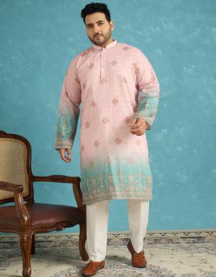 Men’s peach silk blend printed kurta with trouser set – stylish ethnic wear for wedding & festive occasions 1