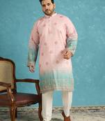 Men’s peach silk blend printed kurta with trouser set – stylish ethnic wear for wedding & festive occasions