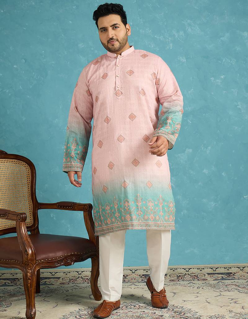 Men’s peach silk blend printed kurta with trouser set – stylish ethnic wear for wedding & festive occasions