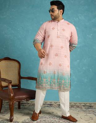 Men’s peach silk blend printed kurta with trouser set – stylish ethnic wear for wedding & festive occasions 2