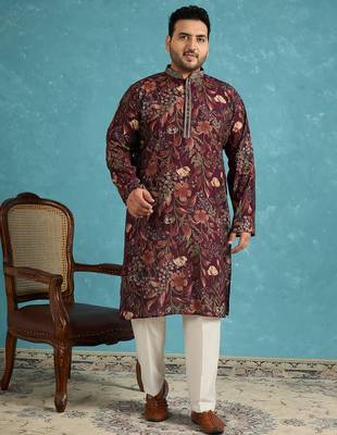 Men’s purple silk blend printed kurta with trouser set – stylish ethnic wear for wedding & festive occasions 5