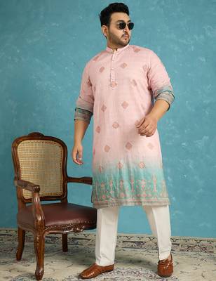 Men’s peach silk blend printed kurta with trouser set – stylish ethnic wear for wedding & festive occasions 3
