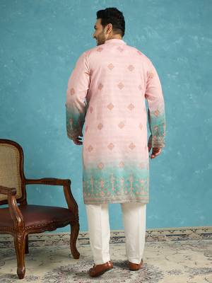 Men’s peach silk blend printed kurta with trouser set – stylish ethnic wear for wedding & festive occasions 4
