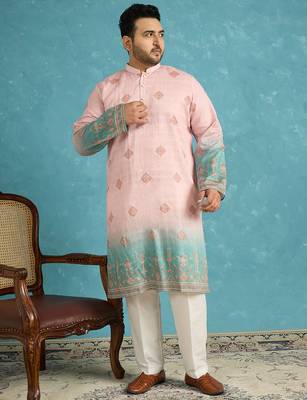 Men’s peach silk blend printed kurta with trouser set – stylish ethnic wear for wedding & festive occasions 5