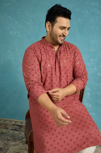 red embroidered viscose rayon kurta