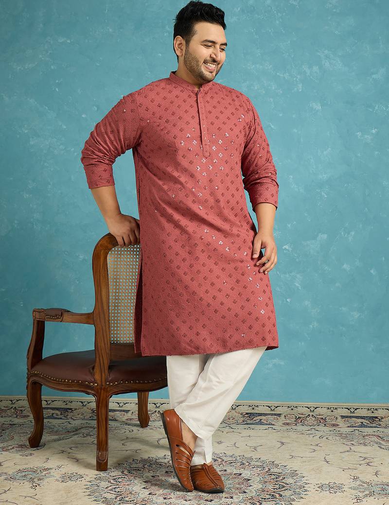 Men’s red embroidered viscose rayon kurta – traditional ethnic wear for wedding & festive occasions