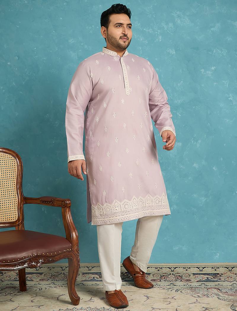 Men’s lavender embroidered silk blend kurta – traditional ethnic wear for wedding & festive occasions