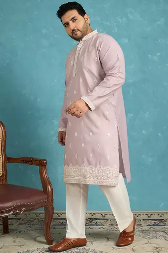 Men’s lavender embroidered silk blend kurta – traditional ethnic wear for wedding & festive occasions