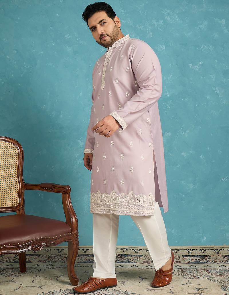 Men’s lavender embroidered silk blend kurta – traditional ethnic wear for wedding & festive occasions