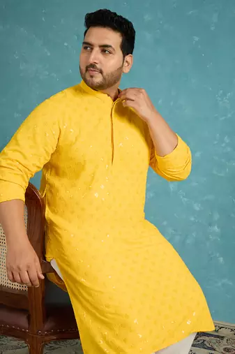 yellow embroidered viscose rayon kurta traditional ethnic wear for wedding & festive occasions