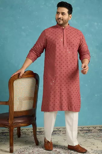 red embroidered viscose rayon kurta