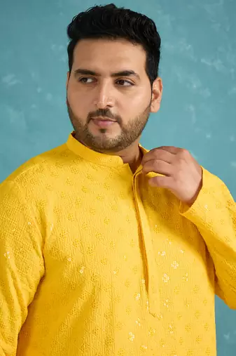 yellow embroidered viscose rayon kurta traditional ethnic wear for wedding & festive occasions