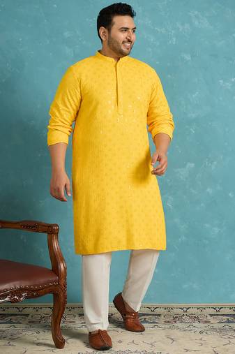 yellow embroidered viscose rayon kurta traditional ethnic wear for wedding & festive occasions