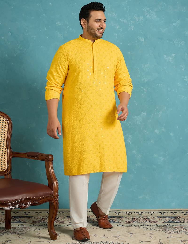 yellow embroidered viscose rayon kurta traditional ethnic wear for wedding & festive occasions