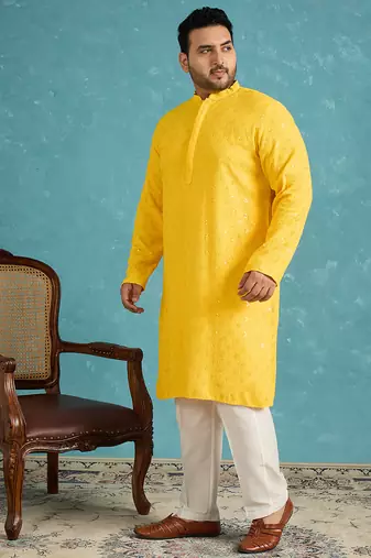 yellow embroidered viscose rayon kurta traditional ethnic wear for wedding & festive occasions