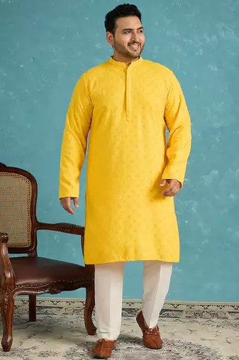 yellow embroidered viscose rayon kurta traditional ethnic wear for wedding & festive occasions