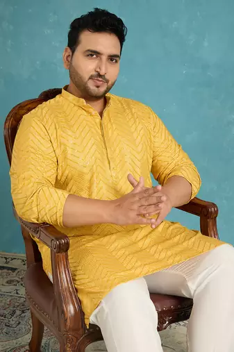 yellow embroidered viscose rayon kurta traditional ethnic wear for wedding & festive occasions