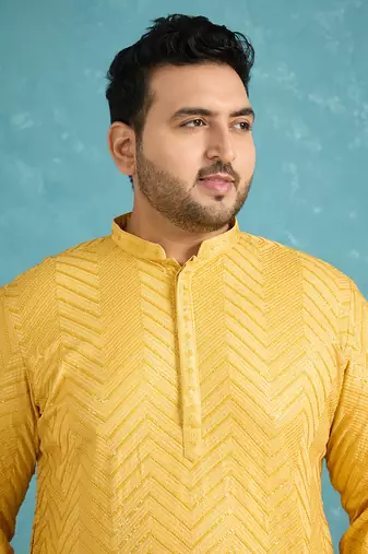 yellow embroidered viscose rayon kurta traditional ethnic wear for wedding & festive occasions