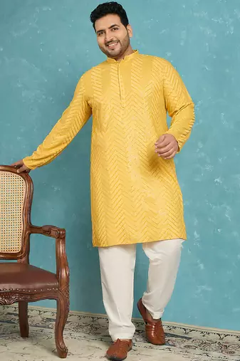 yellow embroidered viscose rayon kurta traditional ethnic wear for wedding & festive occasions