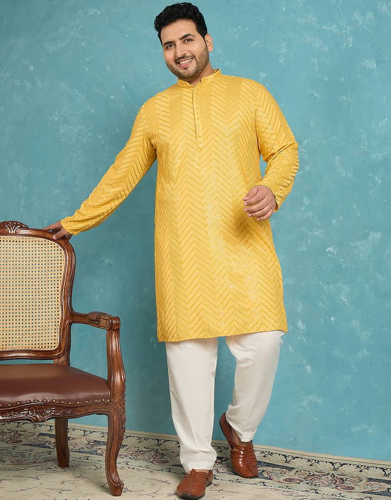yellow embroidered viscose rayon kurta traditional ethnic wear for wedding & festive occasions