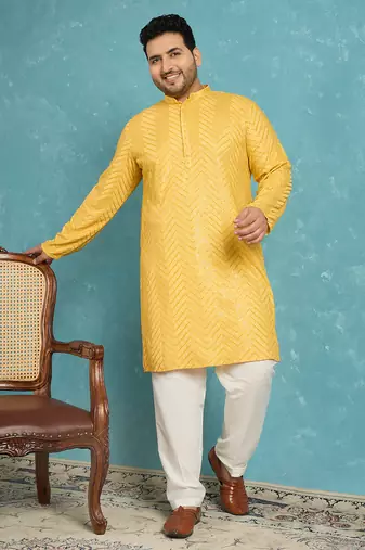 yellow embroidered viscose rayon kurta traditional ethnic wear for wedding & festive occasions