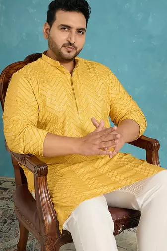 yellow embroidered viscose rayon kurta traditional ethnic wear for wedding & festive occasions