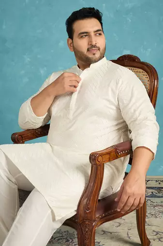 off white embroidered viscose rayon kurta