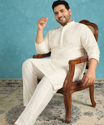 off white embroidered viscose rayon kurta 1