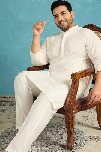 off white embroidered viscose rayon kurta