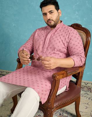 Men’s mauve embroidered viscose rayon kurta – traditional ethnic wear for wedding & festive occasions 1