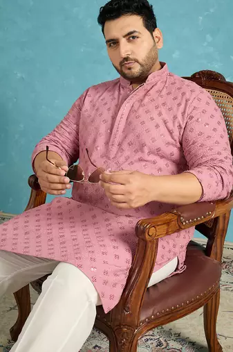 Men’s mauve embroidered viscose rayon kurta – traditional ethnic wear for wedding & festive occasions