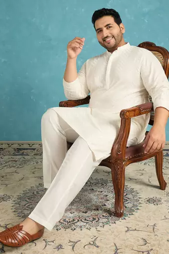 off white embroidered viscose rayon kurta