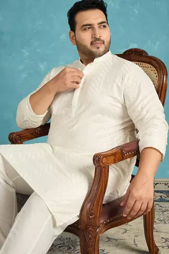 off white embroidered viscose rayon kurta