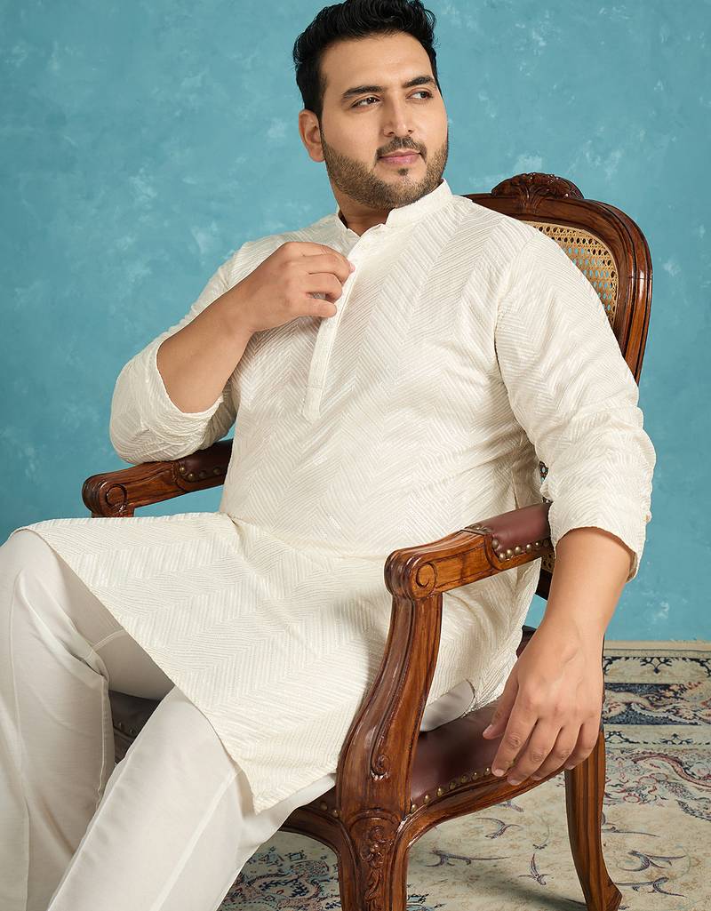 off white embroidered viscose rayon kurta