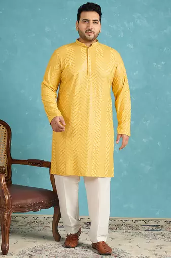 yellow embroidered viscose rayon kurta traditional ethnic wear for wedding & festive occasions