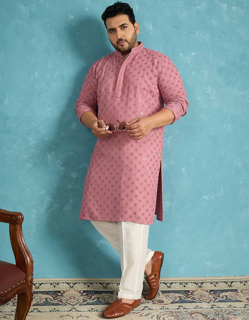 Men’s mauve embroidered viscose rayon kurta – traditional ethnic wear for wedding & festive occasions
