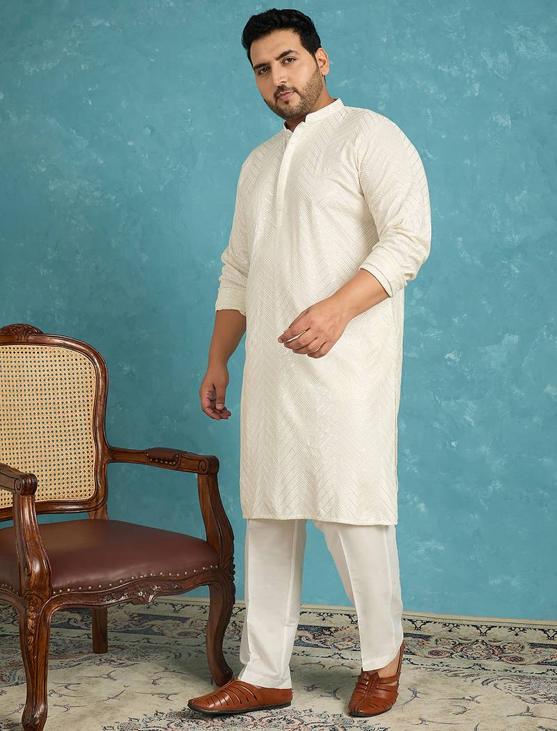 off white embroidered viscose rayon kurta