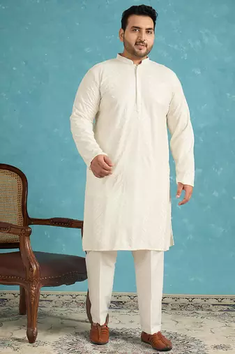 off white embroidered viscose rayon kurta