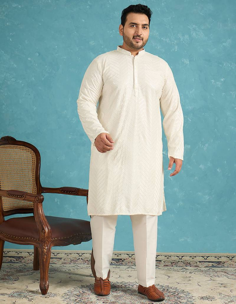 off white embroidered viscose rayon kurta