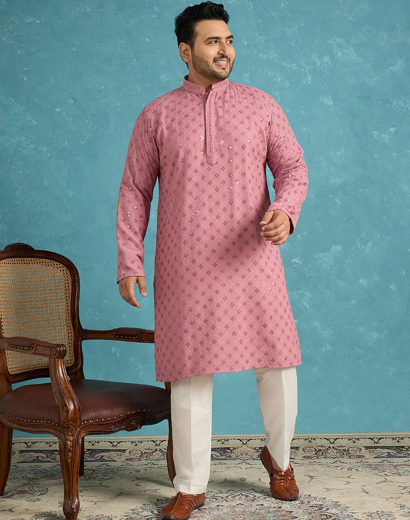 Men’s mauve embroidered viscose rayon kurta – traditional ethnic wear for wedding & festive occasions