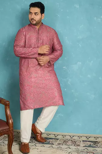 pink printed silk blend kurta