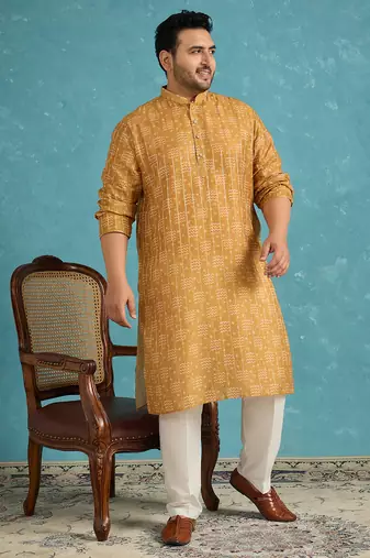 mustard printed silk blend kurta